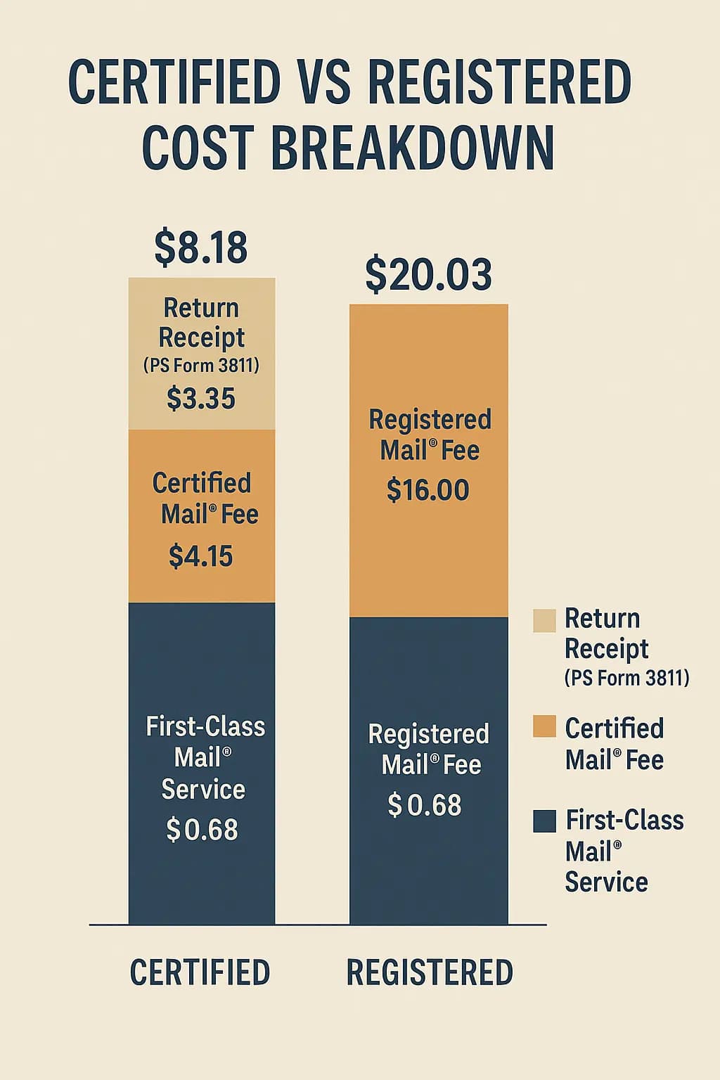 USPS Certified vs Registered Mail 2025 pricing breakdown chart comparing costs and fees