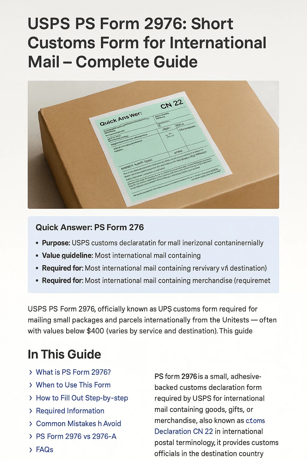 USPS PS Form 2976: Short Customs Form for International Mail - Step-by-step guide with examples and screenshots