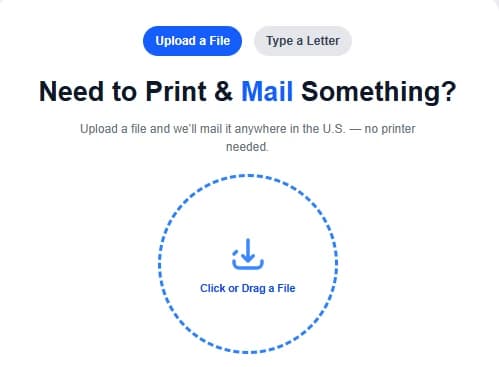 Upload interface to mail a PDF online or send Certified Mail online