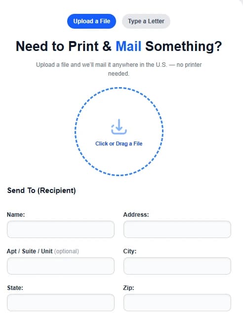 Upload a PDF online to send certified mail online via USPS