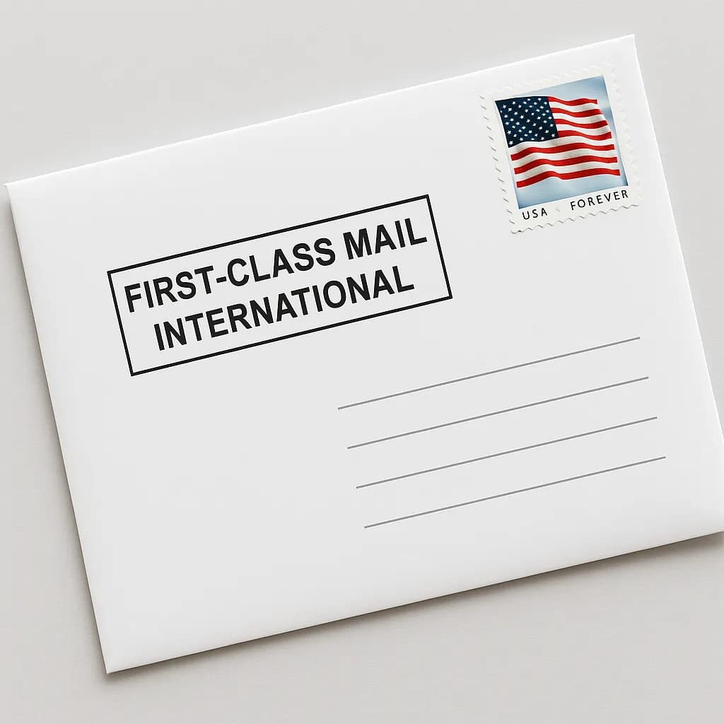 USPS First Class Mail International envelope with airmail stamps