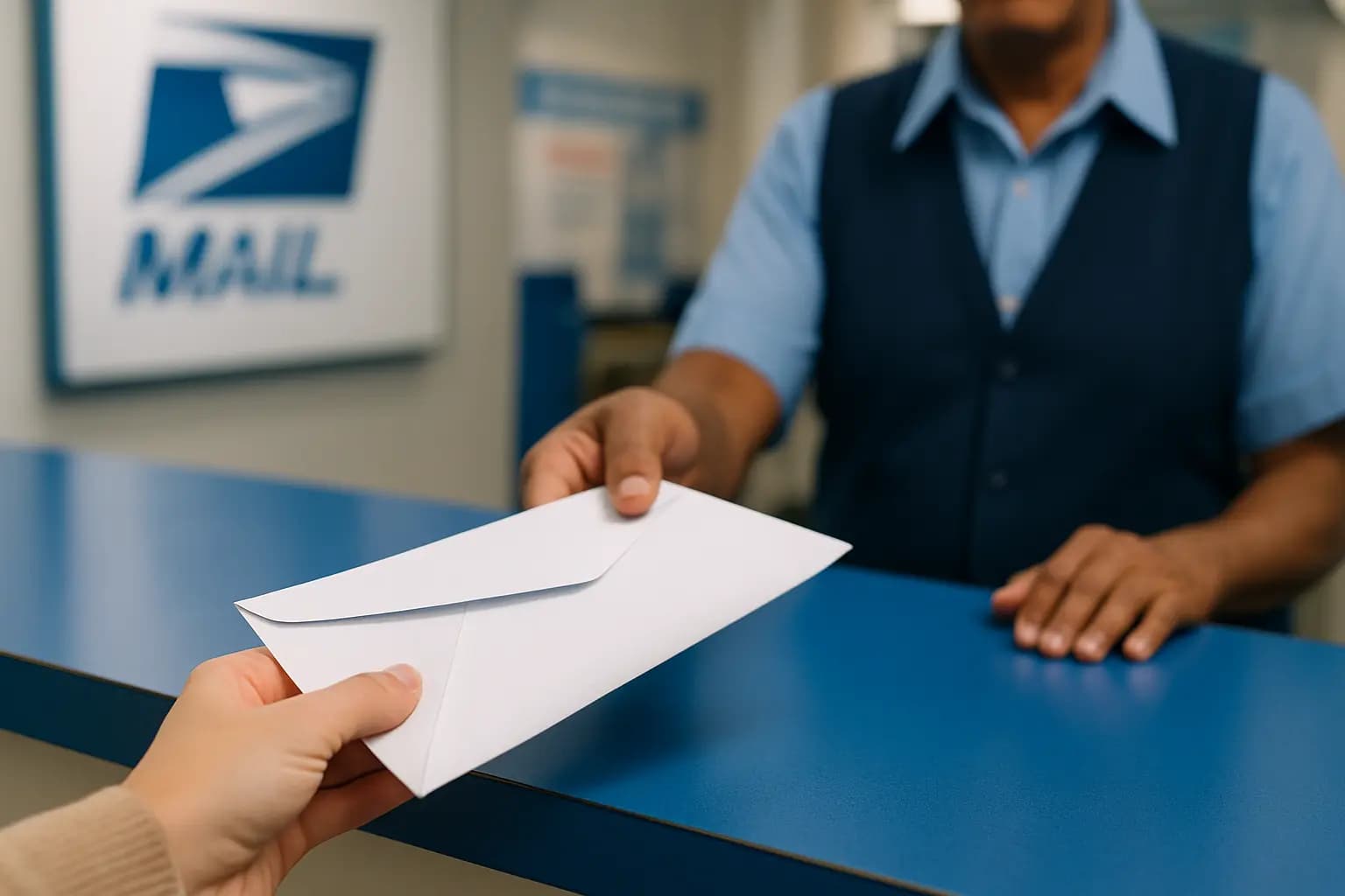Person handing a secure white envelope with a check inside to a USPS postal clerk at the post office counter