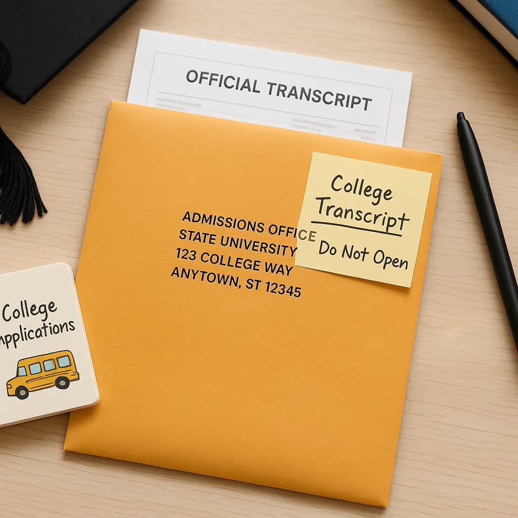 Official school transcript in sealed envelope ready for mailing