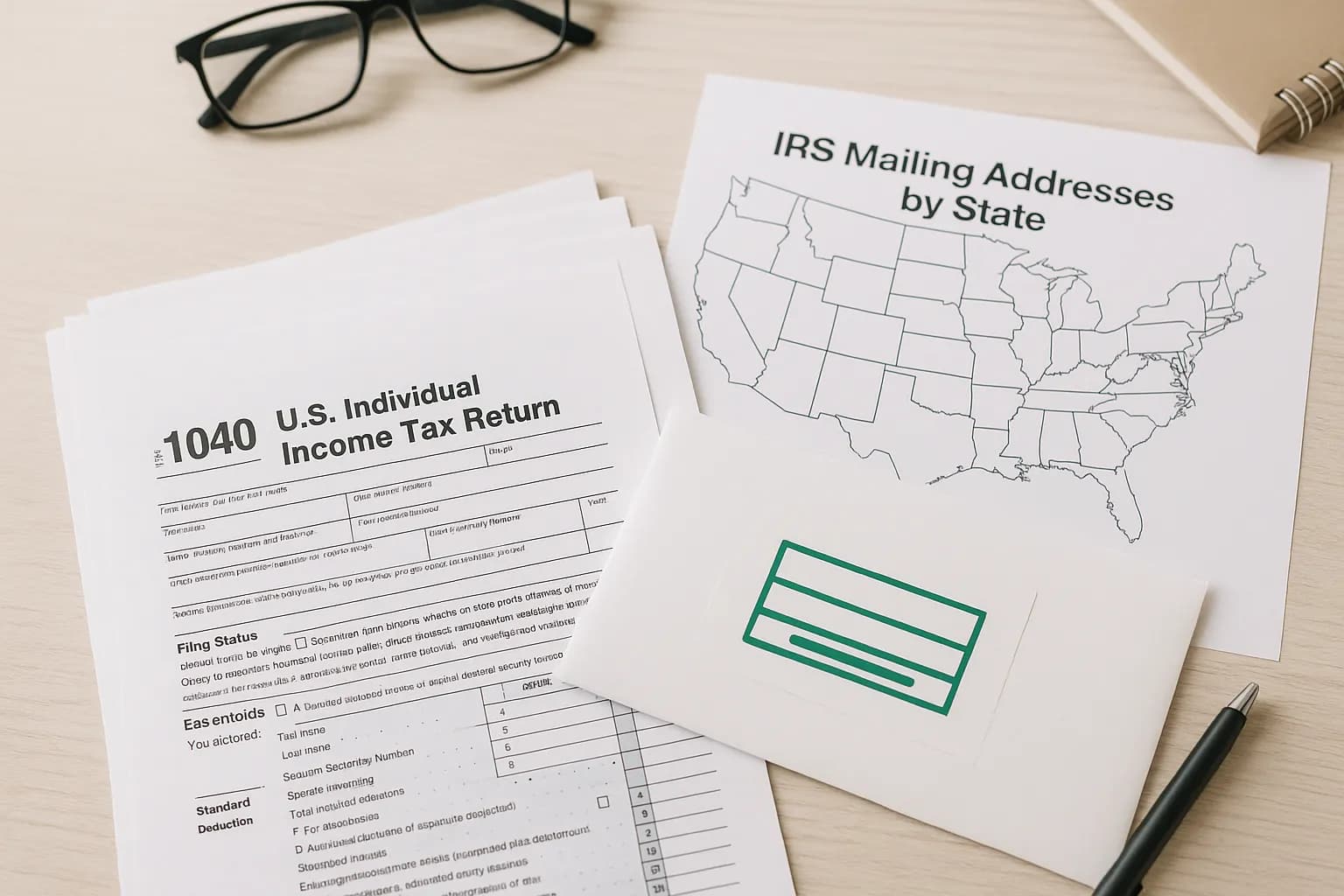 IRS tax return mailing address guide showing envelope addressed to IRS