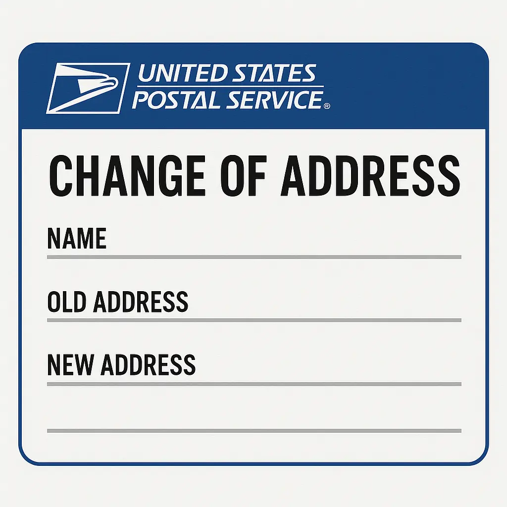 USPS PS Form 3575 change of address form with moving boxes and mail forwarding service illustration