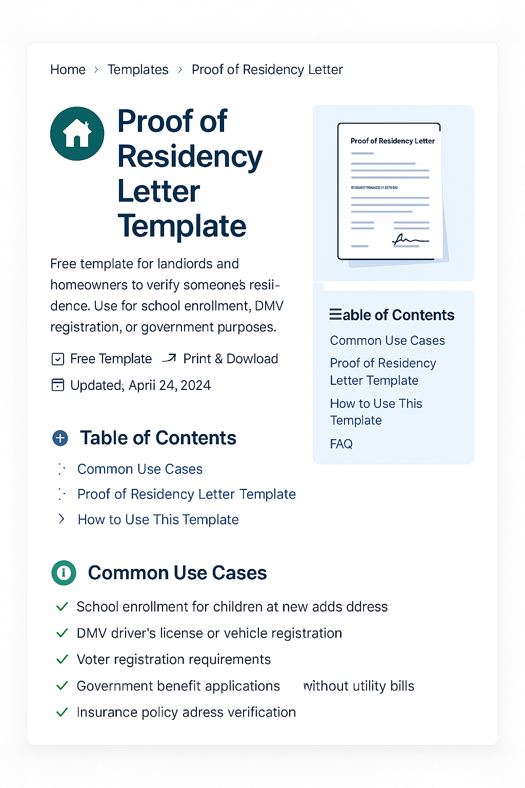 Proof of residency letter template showing a landlord verification letter for school enrollment, DMV, and government purposes